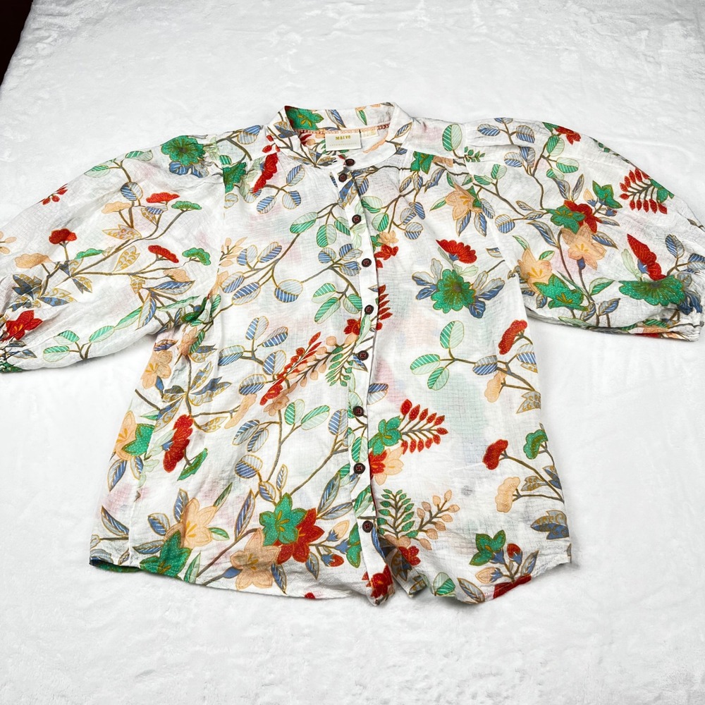 Maeve Anthropologie Floral Puff Sleeve Button Down Blouse White Multi Size 4 - Picture 2 of 12